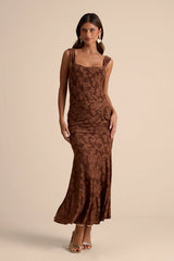 Celeste Brown Floral Burnout Bustier Maxi Dress