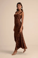 Celeste Brown Floral Burnout Bustier Maxi Dress